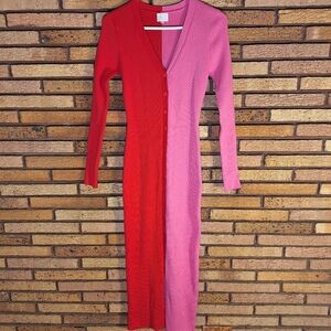 Dee Elly Medium Red and Pink Colorblock Button Down Midi Sweater Dress